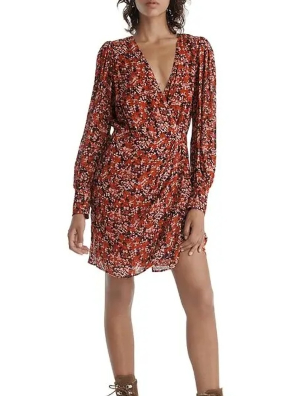 The Kooples Rust Floral Long Sleeve Wrap Dress